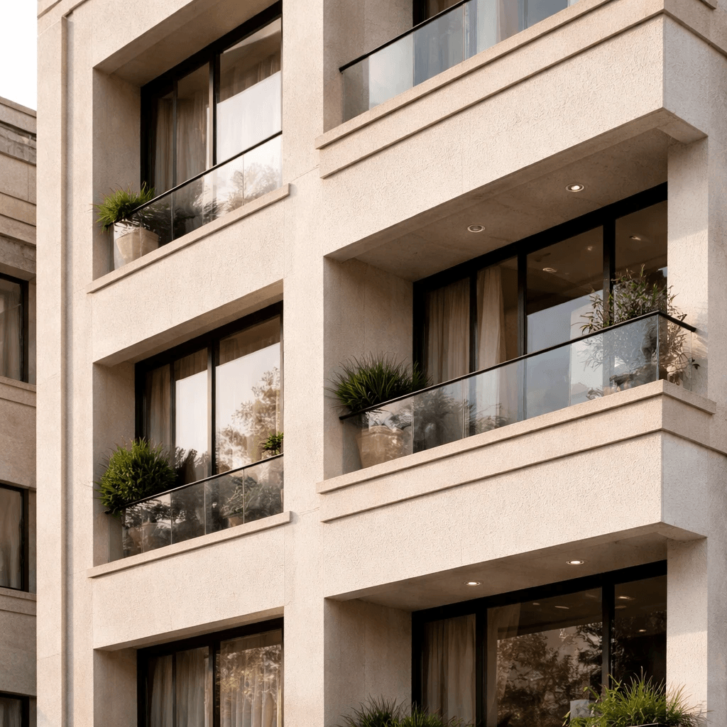 نمای ساختمان مسکونی مدرن با اجرای کنیتکس در تهران، مناسب برای نمای خارجی مقاوم و شیک