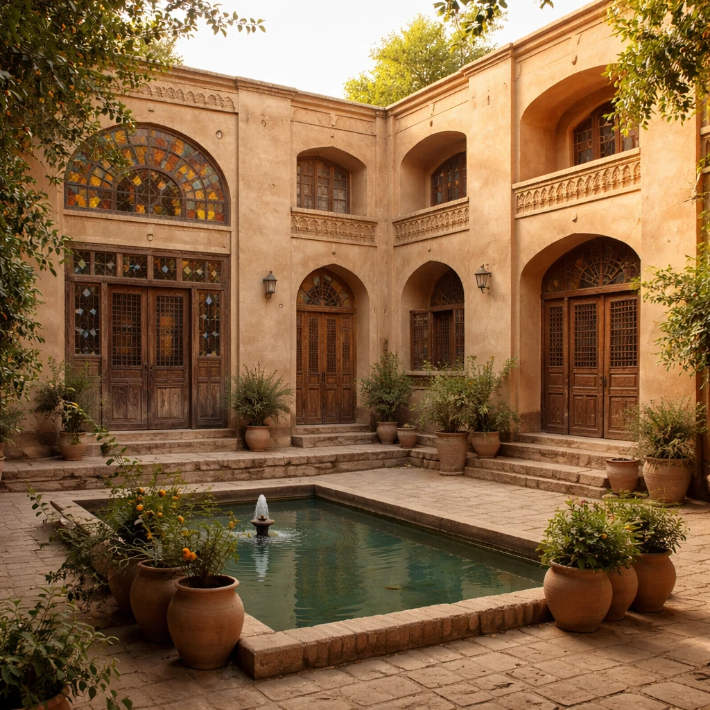 حیاط سنتی با دیوار کاهگل در شیراز