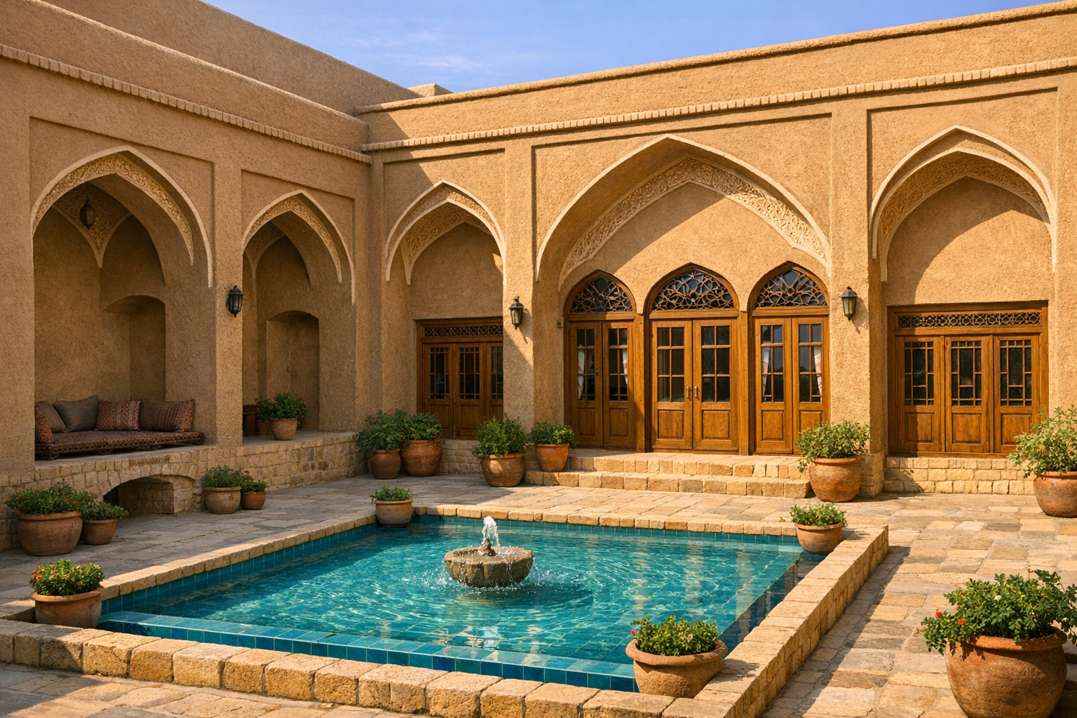 نمای معماری سنتی اصفهان با پوشش کاهگل