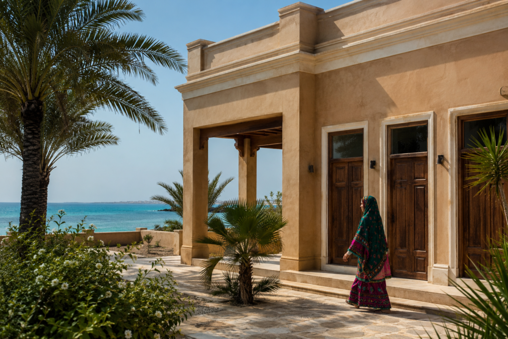 اجرای کاهگل بندر عباس در دیوار حیاط ویلای ساحلی با ظاهر سنتی و تکنولوژی نانو ضد رطوبت