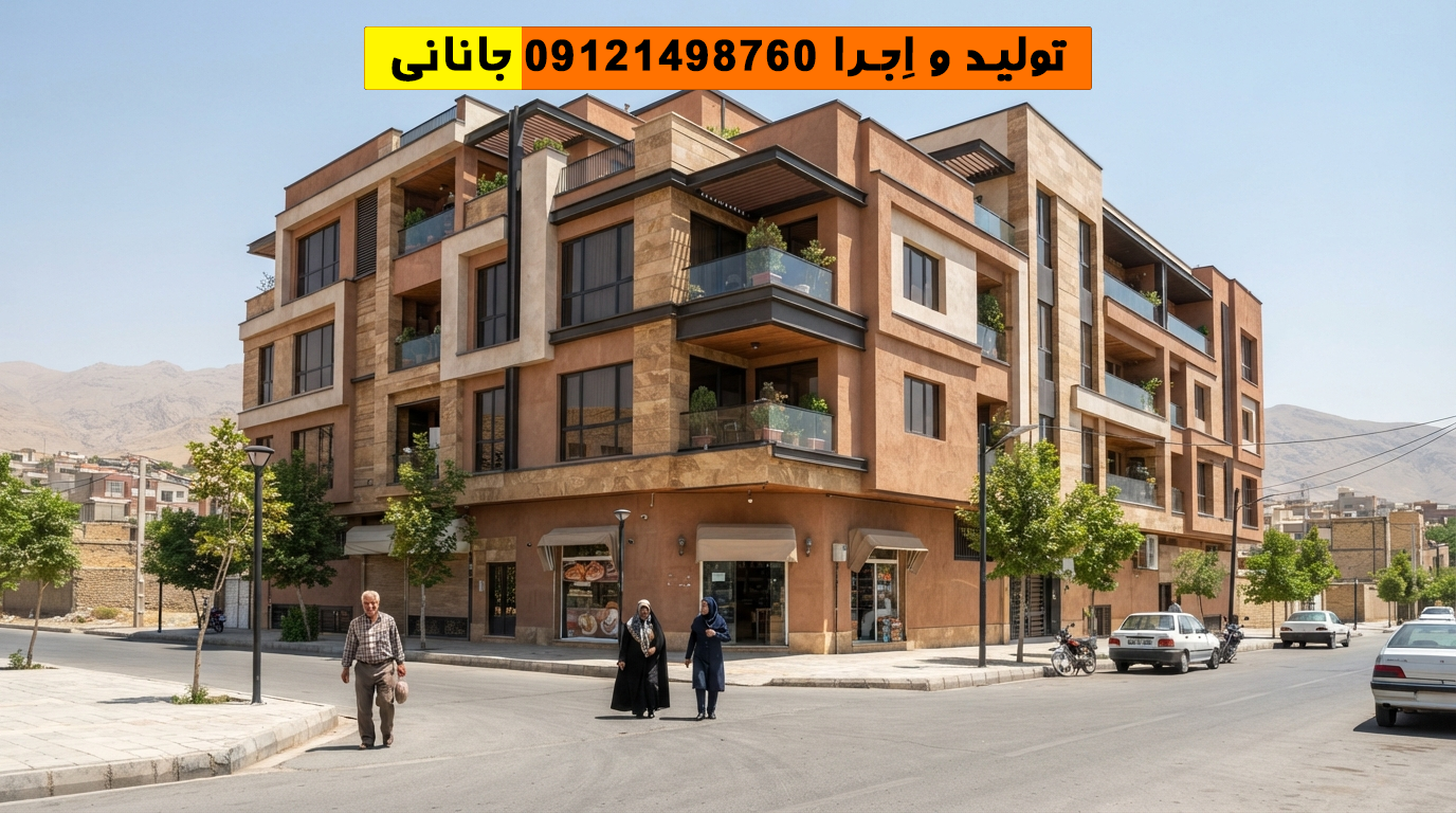 نمای ساختمان مدرن با پوشش کاهگل در فضای شهری دامغان