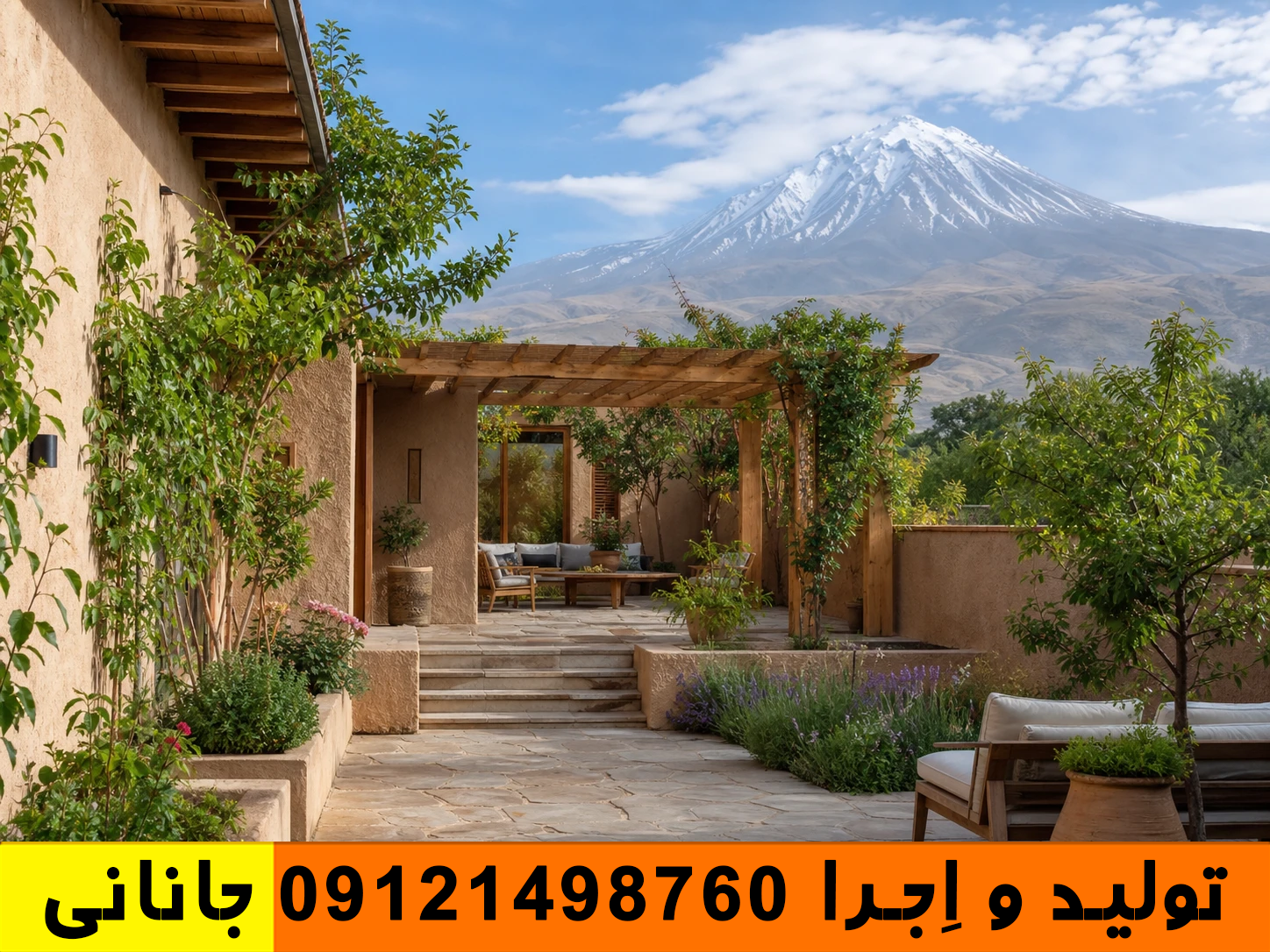 حیاط باغ‌ویلای دماوند با دیوارهای کاهگلی